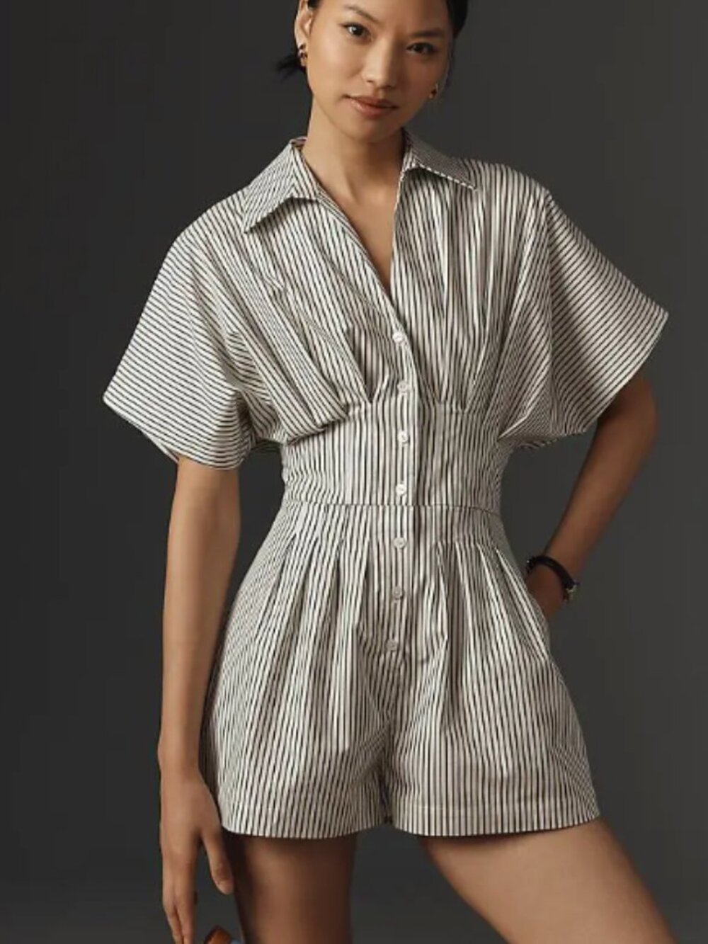 Exquise Anthropologie Tobie Pleated Romper Brown Striped Preppy Girlhoodcore M